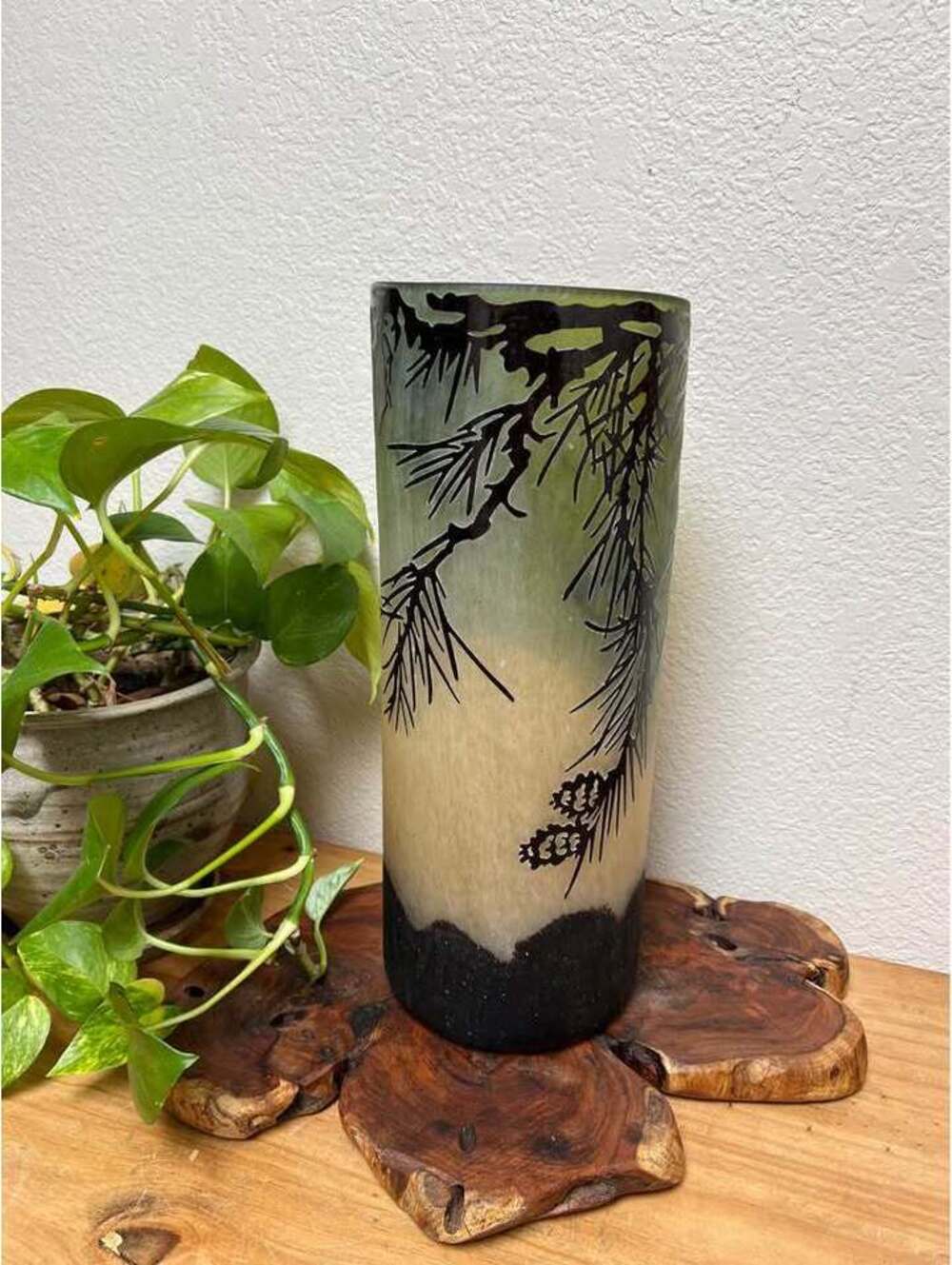 Fall Cameo Glass Tall Cylinder Vase Yellow Green Black Art Nouveau Galle Style